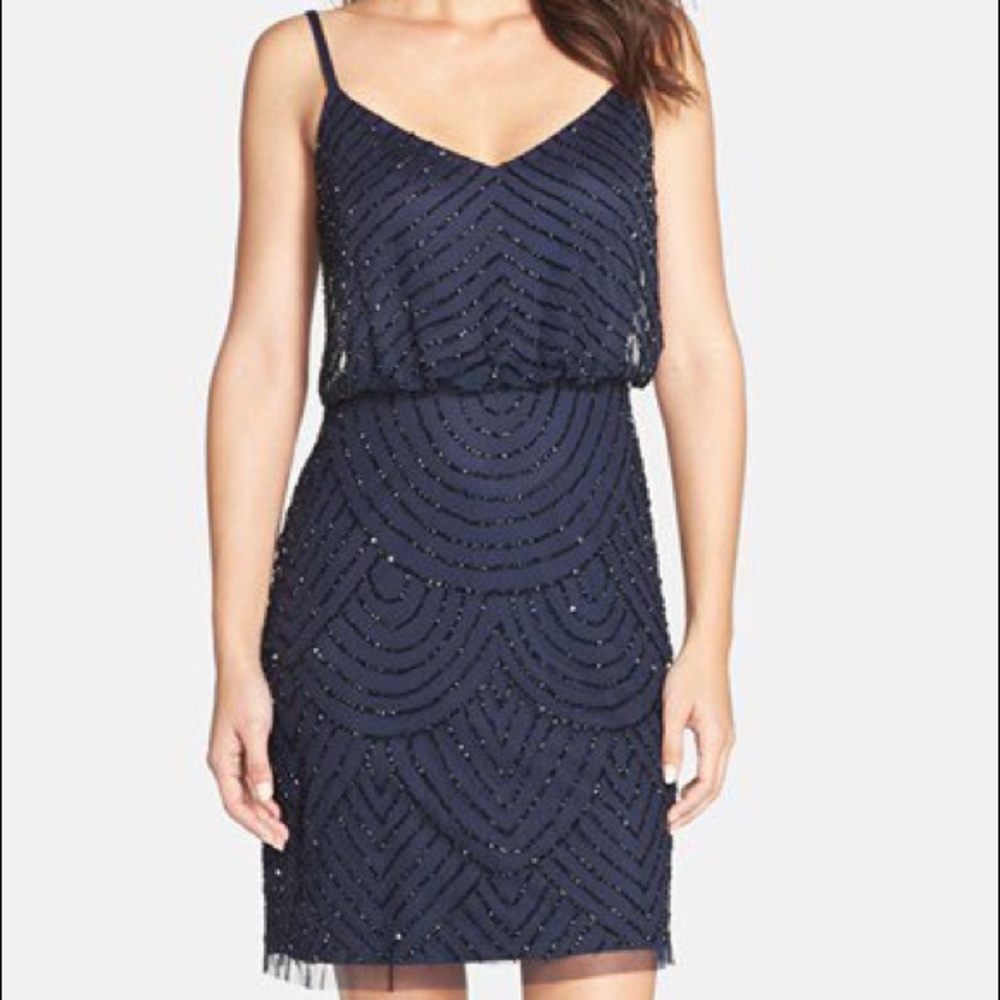 Adrianna Papell sequin mesh blouson dress.